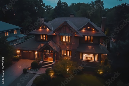 A bird's-eye perspective showcasing the richness of a traditional craftsman house exterior painted in warm chestnut brown, under the night sky.