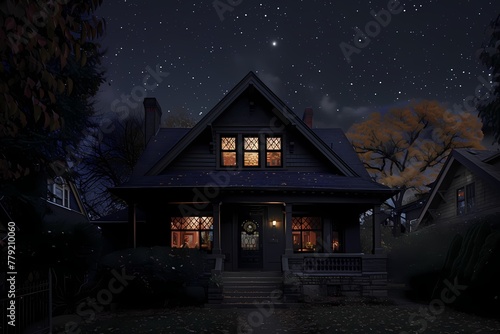 A mysterious craftsman bungalow facade adorned with deep onyx black, standing out against the night sky.