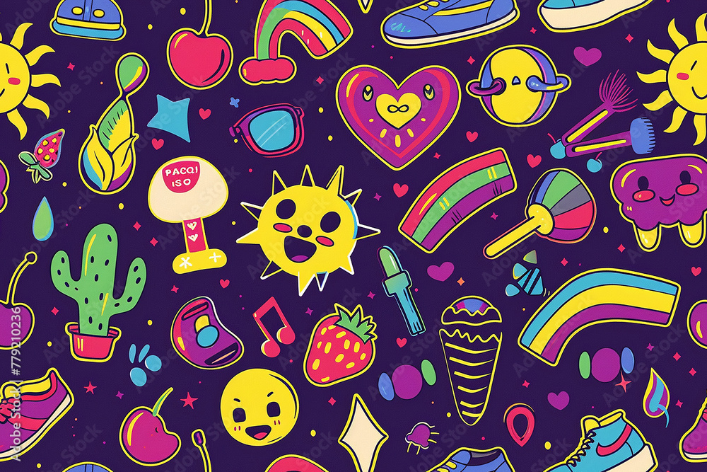 Naklejka premium Seamless retro funky shapes on dark pattern