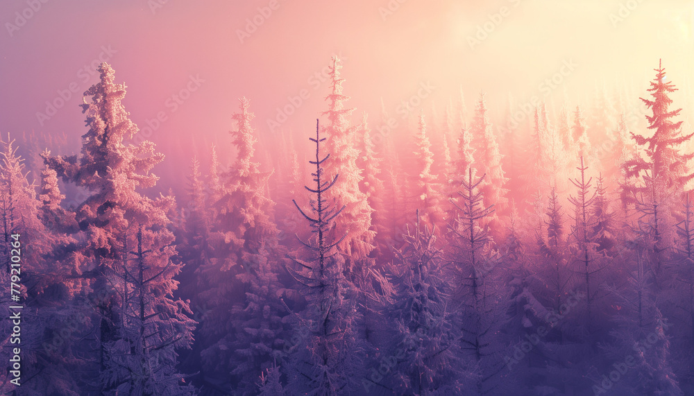 a beautiful frosty sunrise in pink hued forest covered in snow and frost
