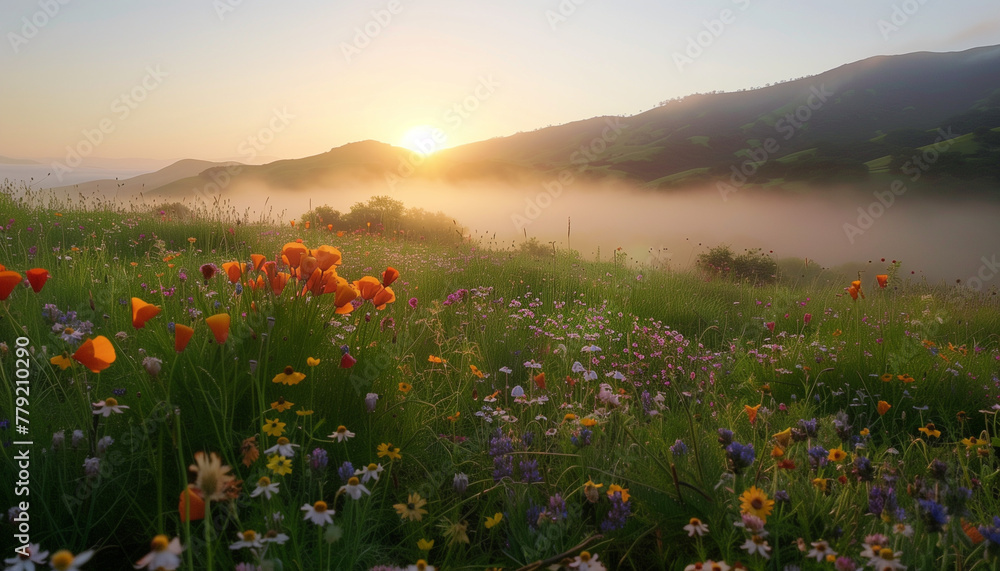 The sun rises over a misty meadow sprinkled with colorful wildflowers and green hills