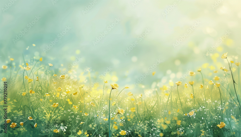 Fototapeta premium A field of yellow buttercups in the soft sunlight, creating a dreamlike spring or summer scene