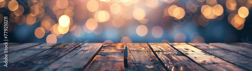 Generative AI image of an empty brown wooden wood board table with blurred abstract night light bokeh background, copy space for display of product or object presentation. photo