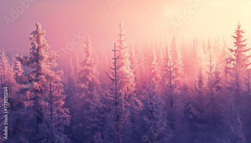 a beautiful frosty sunrise in pink hued forest covered in snow and frost