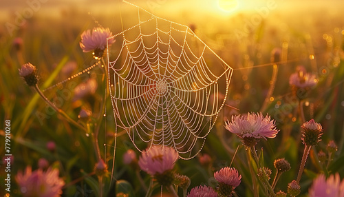 sun rise, a spiderweb with dewdrops among pink flowers in a radiant, fresh meadow