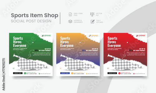 Creative sports item shop social media post for web banner & internet ads. Functional sports store social media post suitable layout template design. Vol - 16