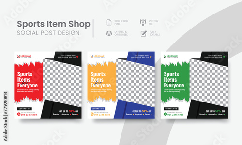 Creative sports item shop social media post for web banner & internet ads. Functional sports store social media post suitable layout template design. Vol - 19