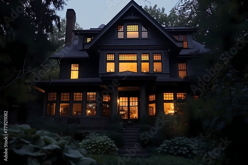 A craftsman house with a dark exterior, featuring large bay windows that offer a glimpse into the cozy interior.