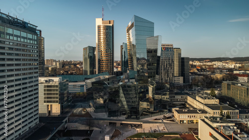 Vilnius business center skyscrappers aerial view