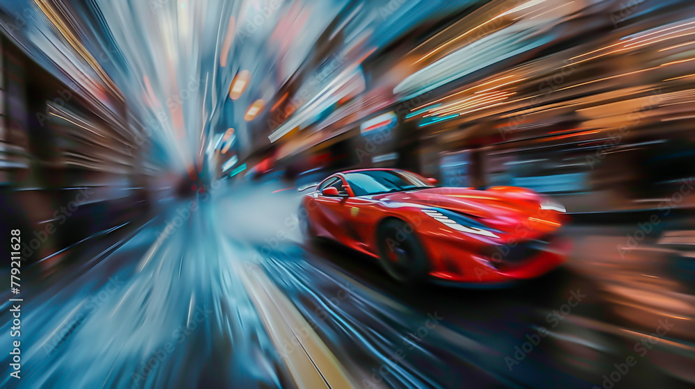 Red Sports Car in Motion Blur on City Street - obrazy, fototapety, plakaty 