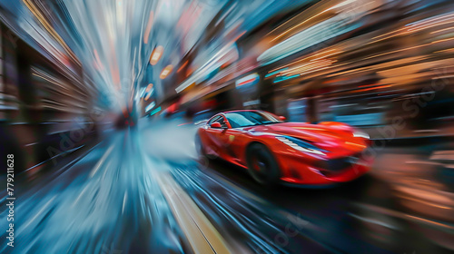 Red Sports Car in Motion Blur on City Street