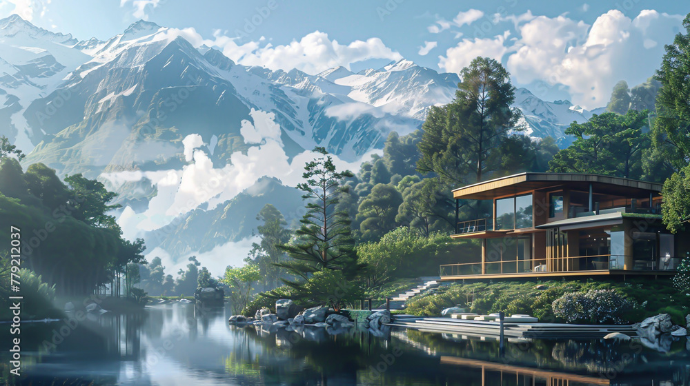 Fototapeta premium Transport yourself to a serene mountainside retreat