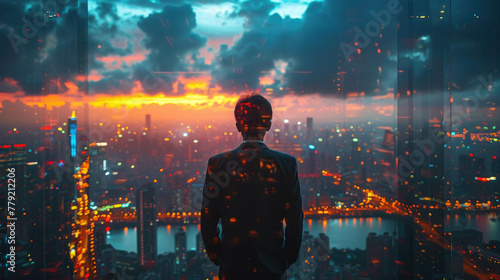 Back view of businessman looking at city at sunset. Double exposure