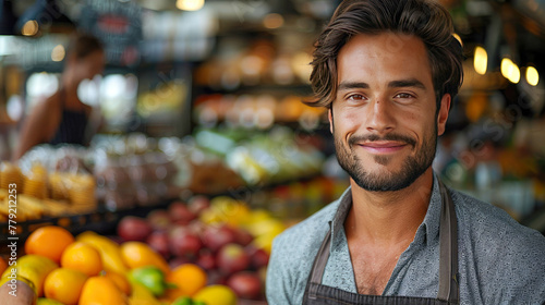 Portrait of handsome man selling fruits and vegetables in the market photo