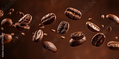 Product Photography  Roasted Coffee Beans Suspended in Mid-Air  Culinary Close-up  Glistening Coffee Beans with a Deep Brown Hue