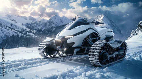 Futuristic Snowmobile Parked in Snowy Mountain Landscape at Dusk