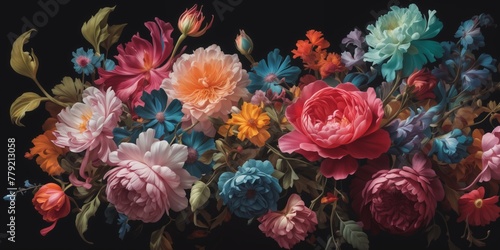 Wallpaper Mural explosion of vivid flowers blooms boldly against a dark, mysterious background, creating a striking visual contrast Torontodigital.ca