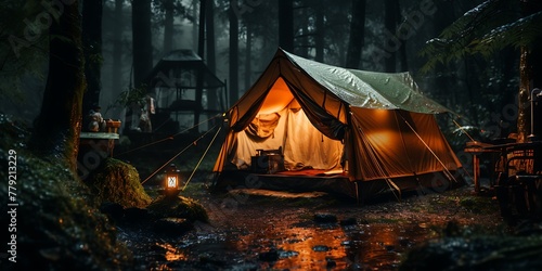 Camping in the woods at night with a tent and a raining