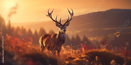 Red Deer (Cervus elaphus) stag at sunrise. photo