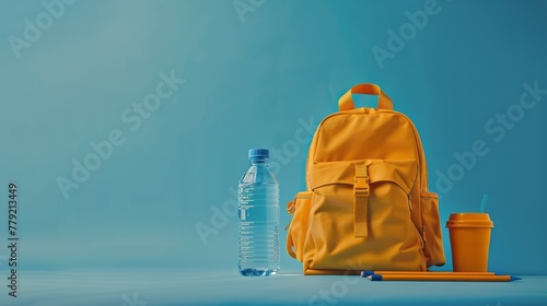 Yellow Backpack and Water Bottle on Blue Background