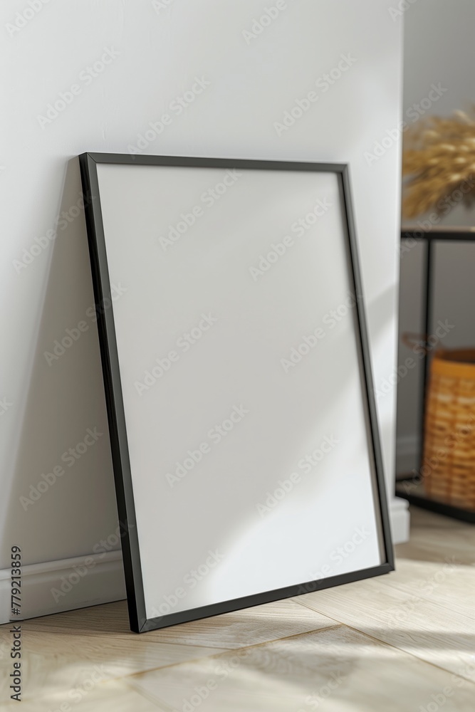 A blank picture frame with a sleek black border leans against a minimalist wall, casting soft shadows on a wooden floor in a bright, modern interior. A blank picture frame with a sleek black border leans against a minimalist wall, casting soft shadows on a wooden floor in a bright, modern interior.