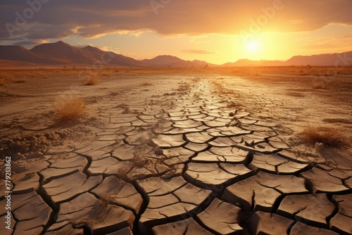 Sunset over a dry cracked desert landscape