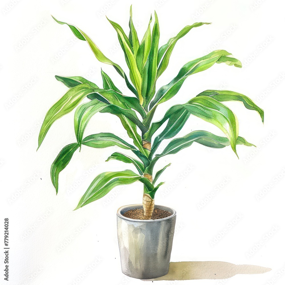 Fototapeta premium An artistic watercolor illustration of a vibrant green plant in a grey pot, showcasing the lush foliage and distinct shadows