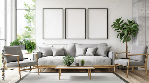 Modern minimalist living room, white tone, wooden furniture, gray sofa, decorated with plants. Natural light from large windows, a simple blank black picture frame on the wall wide view.