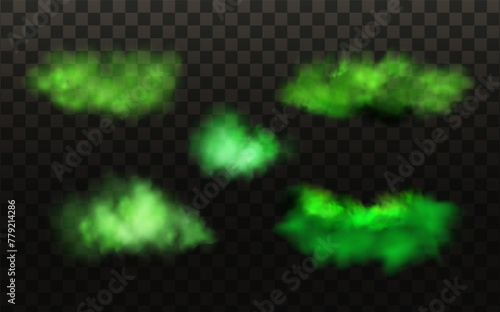 Green stink bad smell, smoke or poison gases,chemical toxic vapour.Vector realistic set of stench breath or sweat odor isolated on transparent checkered background.
