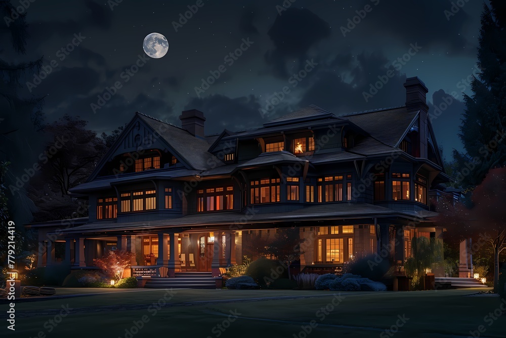 From the sky, a majestic craftsman bungalow exterior featuring deep mahogany, evoking a sense of grandeur in the darkness of the night.