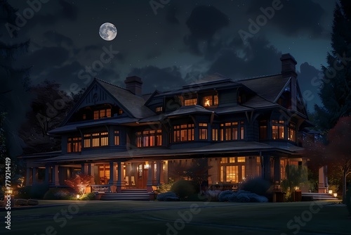 From the sky, a majestic craftsman bungalow exterior featuring deep mahogany, evoking a sense of grandeur in the darkness of the night.