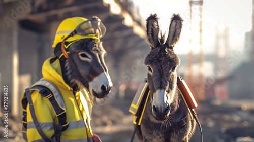 A steadfast donkey, garbed in a reflective safety jacket and a secure yellow helmet, stands as a beacon of diligence on World Safety Day. photo