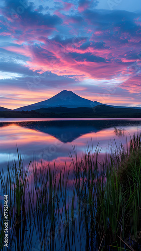 Breathtaking Palette of Nature - Sunset Over Peaceful Lake Silhouetting Tall Mountain