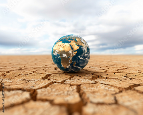 Earth globe on dry cracked desert landscape with blue sky