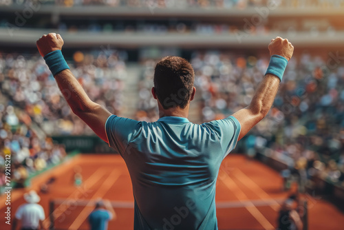 A triumphant tennis player raises arms in victory, celebrating a win as the crowd cheers in the stands.