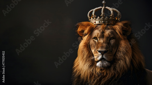 Portrait of majestic lion with crown on head  dark background  symbolizing strength and power