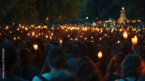 People sing the national anthem and hold candles at night,