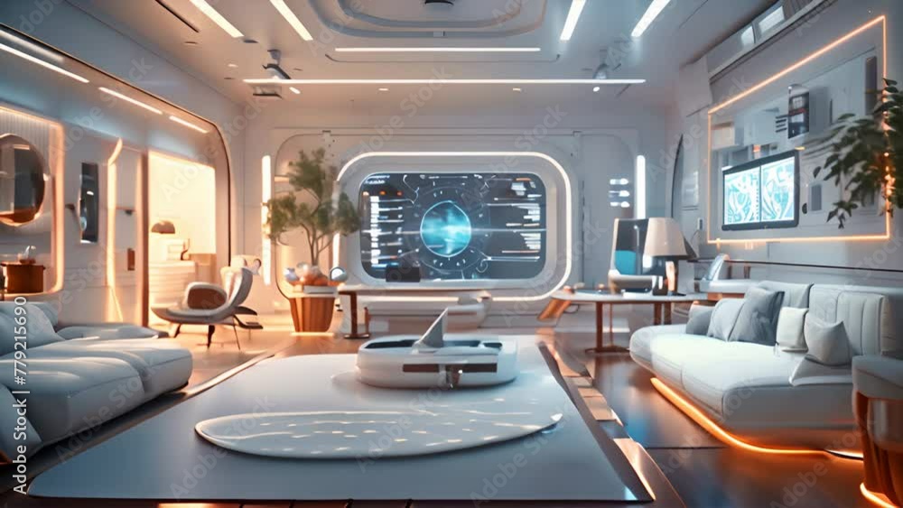 Futuristic smart home interior, minimalist design, with AI assistants ...