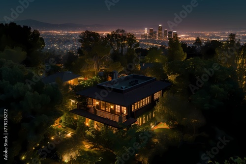 A bird's-eye perspective capturing the majestic presence of a craftsman home facade in dark chocolate brown, illuminated by distant city lights.