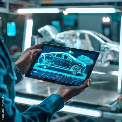 Mechanic engineer holding a digital tablet with engineering research software application on the screen, aerodynamic test of parameters data in wind tunnel of an eco-friendly car body. Generative AI
