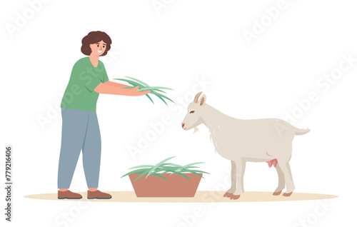 Farmer woman feeding goat. Female character taking care of cattle farm animals. Goats Farming concept. Vector illustration isolated on white background.
