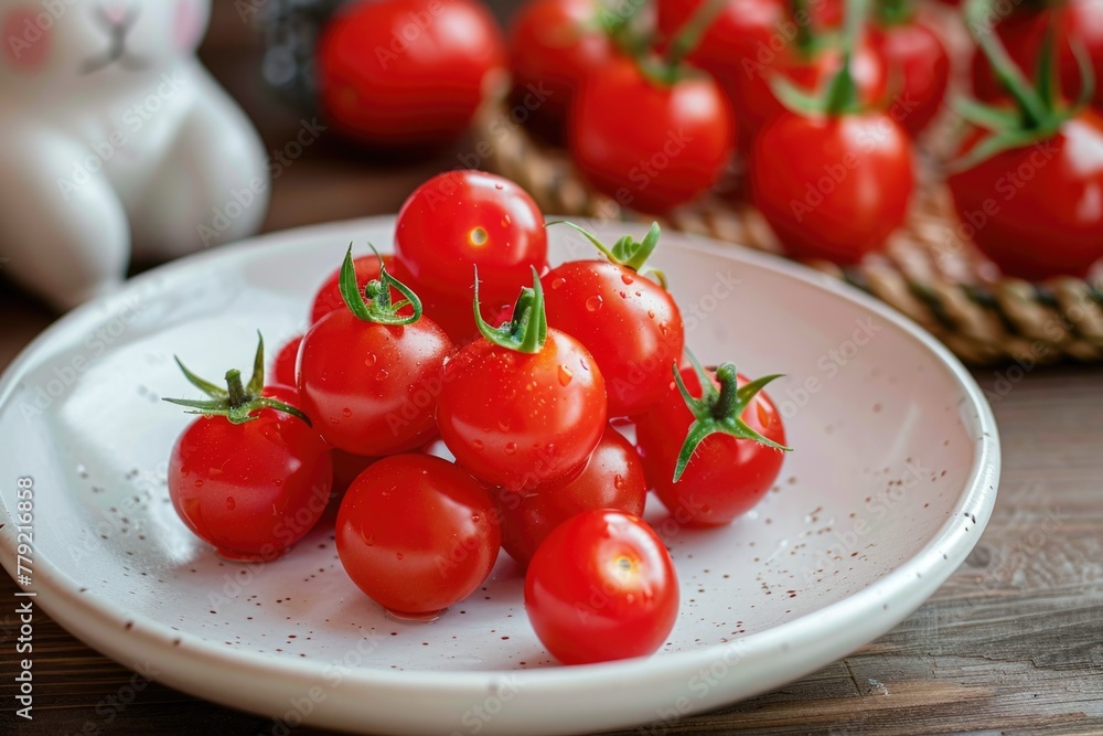 ceramic plate ripe red cherry tomatoes. Easter. Summer. Beautiful rabbit dishes. ceramic plate ripe red cherry tomatoes. Easter. Summer. Beautiful rabbit dishes.
