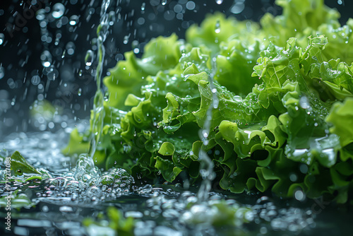 A crisp green lettuce leaf is rinsed under running water, preparing it for a refreshing salad. Concept of fresh produce and culinary preparation. Generative Ai.