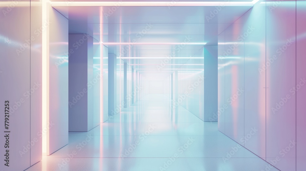 Long Hallway With White Walls and Neon Lights Long Hallway With White Walls and Neon Lights