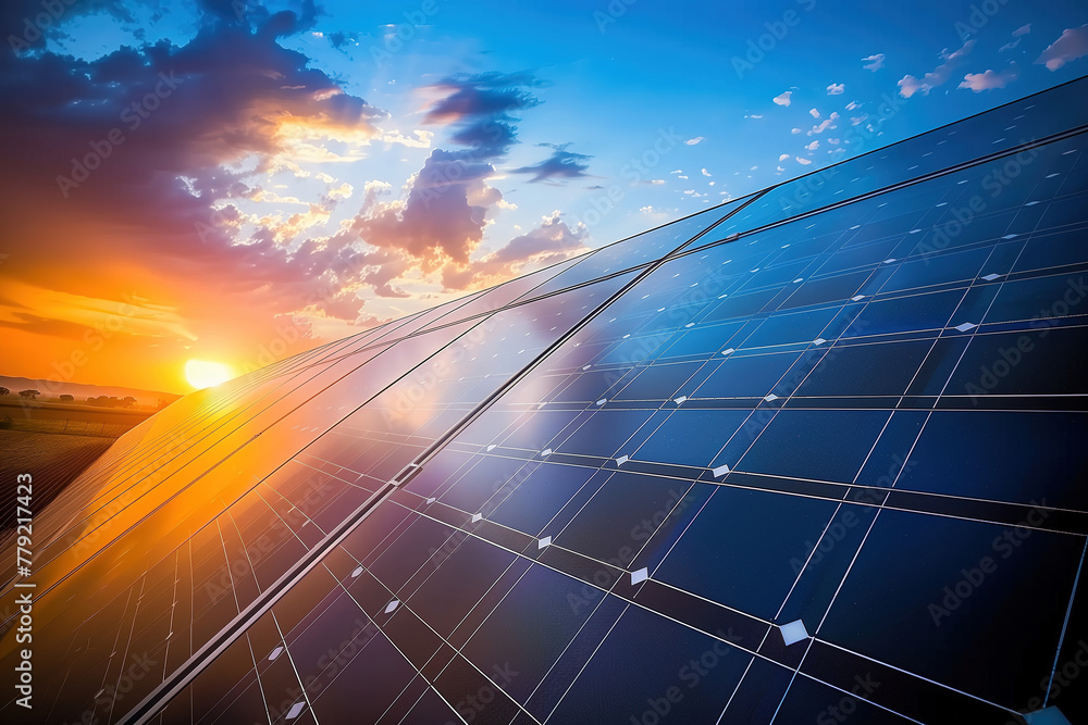 Solar panels close up technology against a blue sky with sun, sustainable and renewable energy sources.