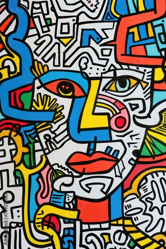 Abstract graffiti artwork depicting a stylized face with vibrant colors and interlocking shapes and lines