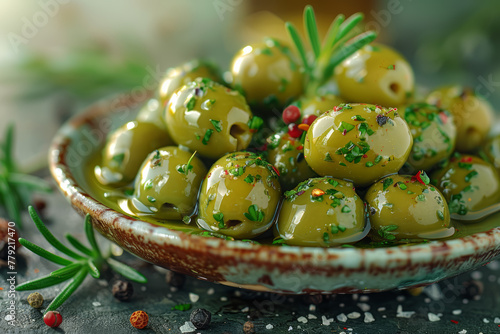 A mound of tangy green olives is marinated in fragrant herbs and spices, ready to be enjoyed as a flavorful snack. Concept of Mediterranean cuisine and culinary indulgence. Generative Ai.