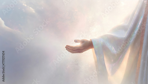 Gentle hand of a divine figure of God reaches out from heavenly clouds. Holy Jesus Christ offering comfort and guidance. photo