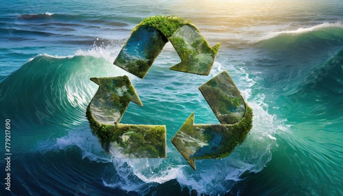 Ocean wave crests and recycling symbol from its vibrant green algae. This powerful surge symbolizes the cycle of life and nature enduring resilience.