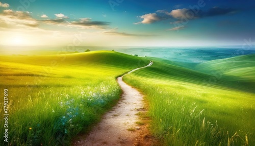 Sunrise graces a lush  undulating landscape  with a path suggesting adventure ahead. The radiant dawn sky ushers in a new day over the vibrant  rolling green hills.